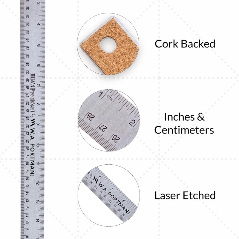 Breman Precision Metal Ruler 18 Inch Cork Back â€“ Stainless Steel Straight Edge, Flexible Non-Slip 18 Inch Metal Ruler with Cork Backing â€“ Imperial & Metric for Crafting, School, Workshop & Home Use - Image 2